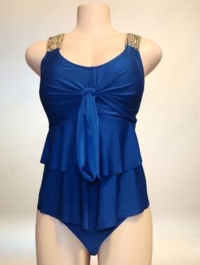 Blue Tiered One Piece Swimsuit Plus Size 3X Sequin Strap Fupa Friendly & Easy
